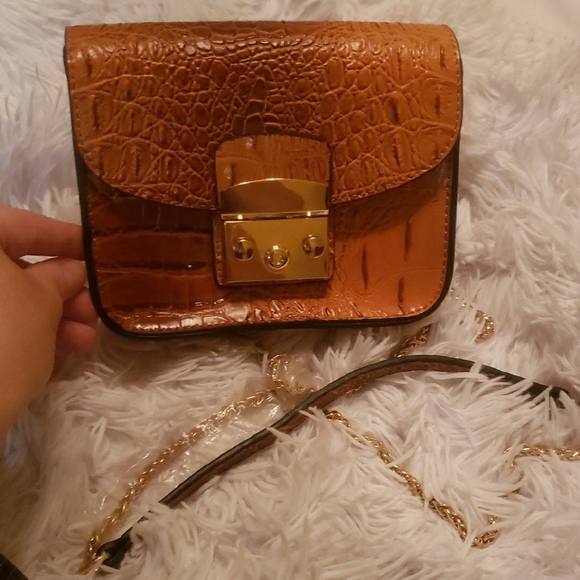 Brown and Gold Crocodile Embossed Crossbody Bag - Picture 1 of 9